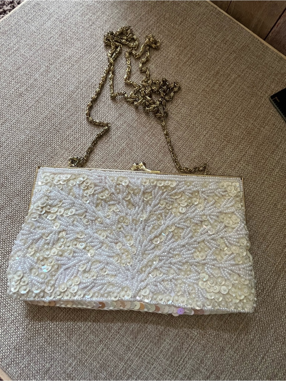 Beaded White Evening Clutch with Gold Frame